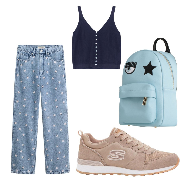 Outfit donna - Strizzare l’occhio ai fiori. Stile Urban per Scuola/Università. Abbinamento con zaini, sneakers, jeans dritti, top.