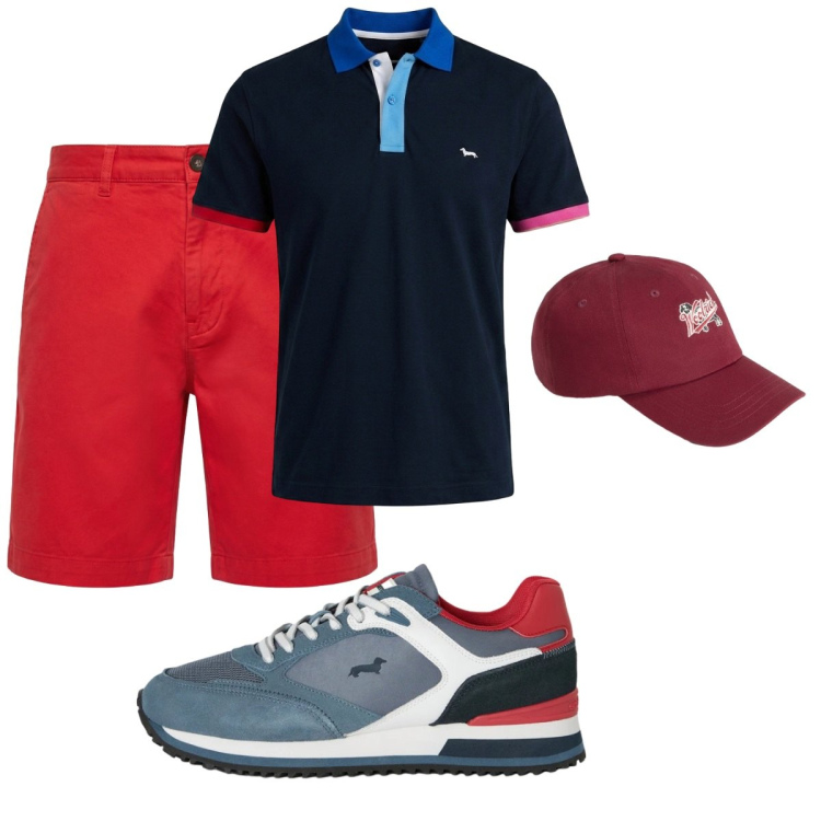 Outfit uomo - Total look #2425898. Stile Trendy per Tutti i giorni. Abbinamento con pantaloni corti, sneakers, polo, cappelli con visiera.