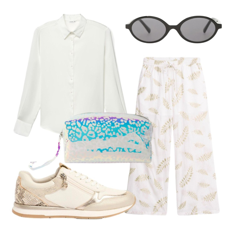 Outfit donna - Volumi estivi. Stile Basic per Tutti i giorni. Abbinamento con sneakers, pantaloni a palazzo, camicie, pochette, occhiali da sole.