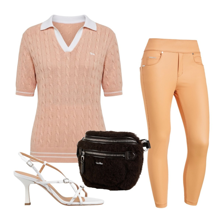 Outfit donna - Polo trecce H&B. Stile Sporty chic per Ufficio. Abbinamento con marsupi, sandali in pelle, polo, jeggings.
