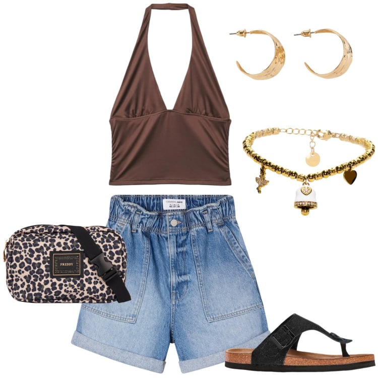 Outfit donna - Concerto d\'estate. Stile Sporty chic per Serata fuori. Abbinamento con infradito, orecchini, shorts, top, braccialetti, marsupi.
