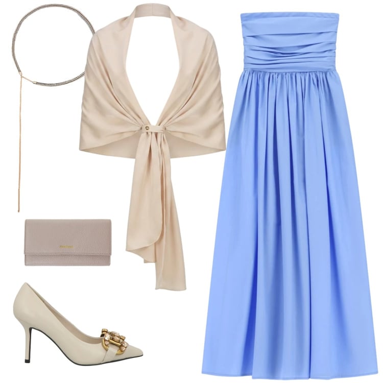 Outfit donna - Cerimonia estiva. Stile Romantica per Cerimonia. Abbinamento con décolleté, stole, cinture, vestiti midi/longuette, portafogli.