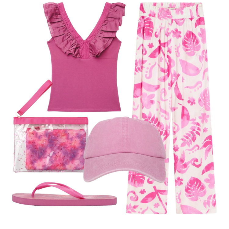 Outfit donna - Total look #2425911. Stile Basic per Mare. Abbinamento con pantaloni, pochette, cappelli con visiera, top, infradito.