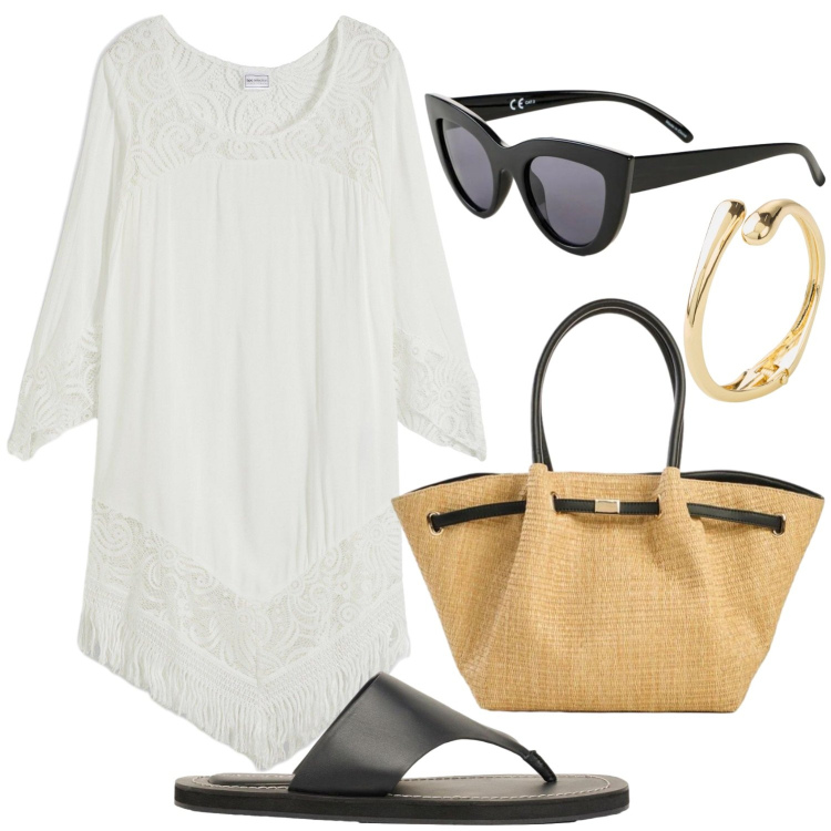 Outfit donna - Aperitivo vista mare. Stile Glamour per Mare. Abbinamento con vestiti da spiaggia, shopping bag, occhiali da sole, infradito, braccialetti.