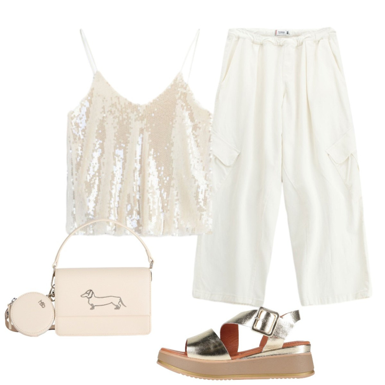 Outfit donna - Smart casual raffinato per l’aperitivo. Stile Glamour per Serata fuori. Abbinamento con sandali in pelle, top, pantaloni a palazzo, borse a tracolla.