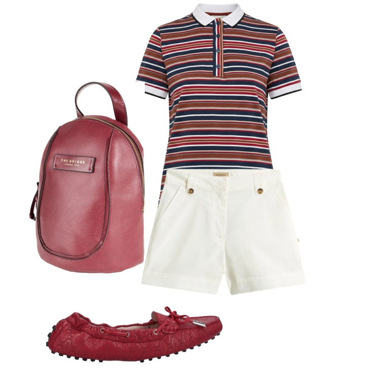 Outfit donna - Multi righe. Stile Casual per Tutti i giorni. Abbinamento con zaini, mocassini, polo, pantaloni corti.