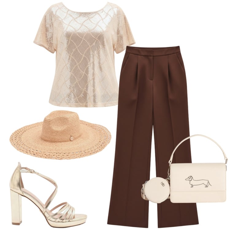 Outfit donna - Total look #2425922. Stile Chic per Cerimonia. Abbinamento con borse a tracolla, cappelli, sandali col tacco, pantaloni a palazzo, bluse.