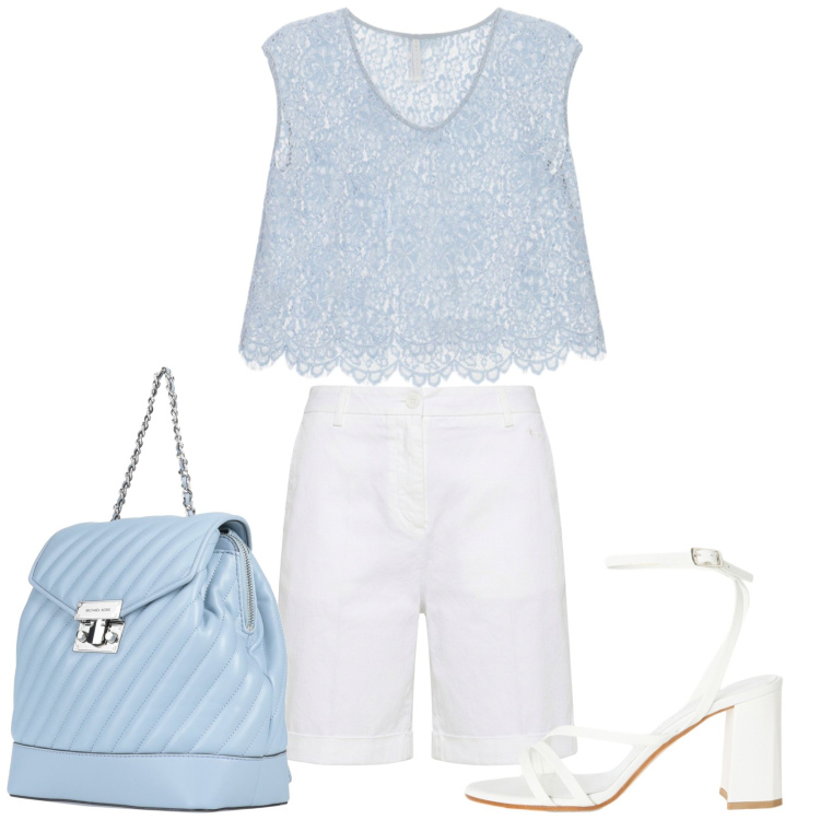 Outfit donna - Un pallido azzurro. Stile Bon Ton per Tutti i giorni. Abbinamento con zaini, sandali in pelle, bermuda, top.