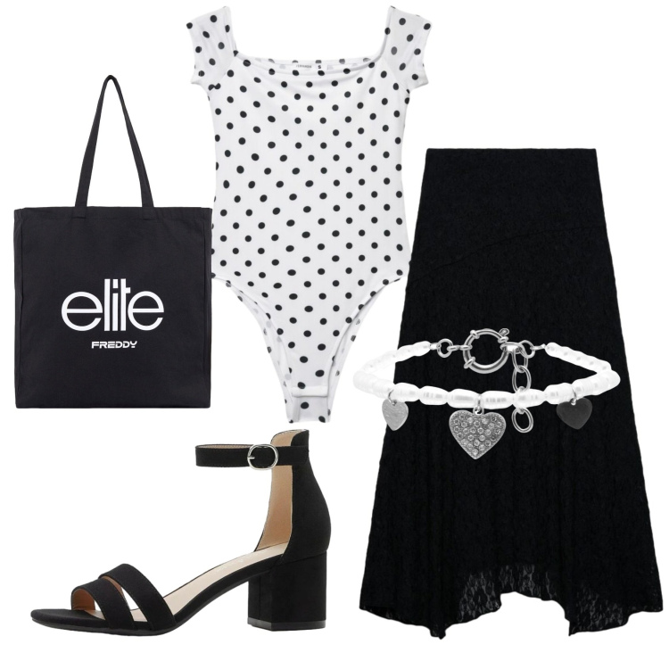 Outfit donna - Total look #2425926. Stile Basic per Ufficio. Abbinamento con sandali col tacco, top, gonne lunghe, braccialetti, shopping bag.