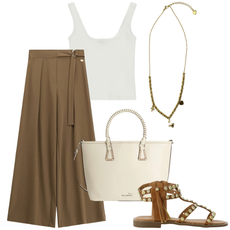Outfit donna - Caramello estivo. Stile Glamour per Tutti i giorni. Abbinamento con shopping bag, pantaloni a palazzo, sandali, top, ciondoli.