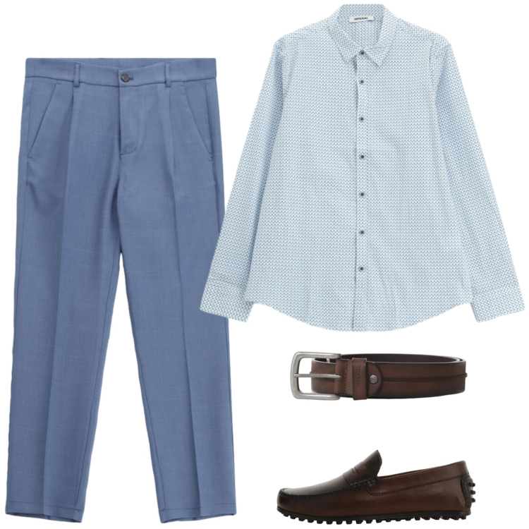 Outfit uomo - Minimale in ufficio. Stile Trendy per Ufficio. Abbinamento con pantaloni, scarpe stringate, cinture, camicie.
