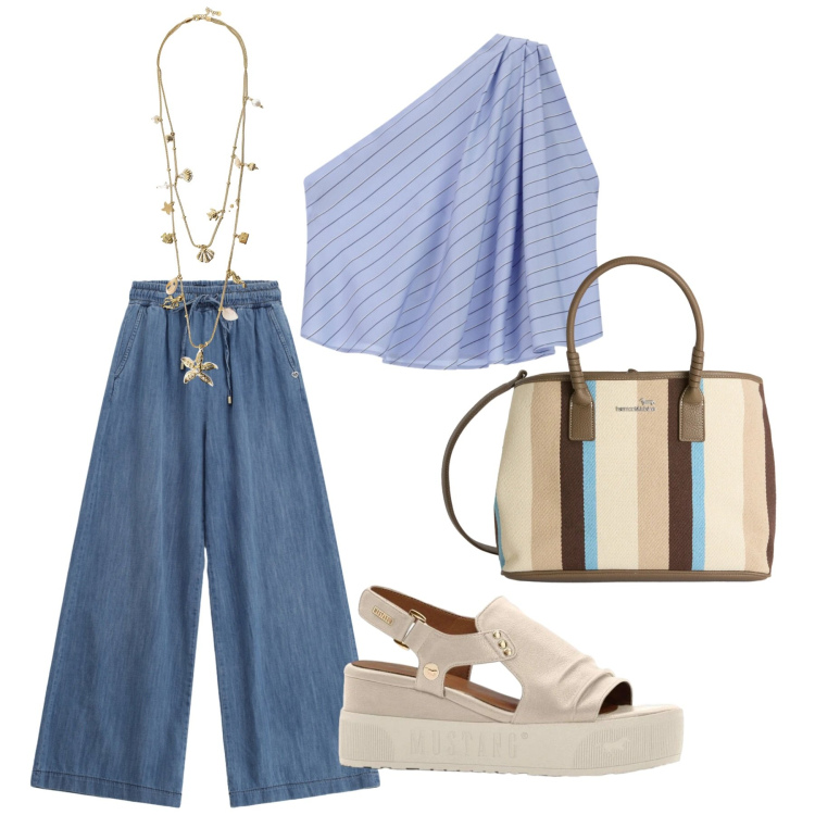 Outfit donna - Total look #2425933. Stile Glamour per Serata fuori. Abbinamento con sandali, collane, top, jeans, shopping bag.