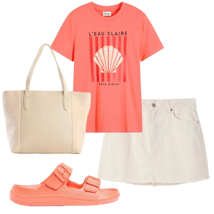 Outfit donna - Total look #2425939. Stile Basic per Mare. Abbinamento con t-shirt, ciabatte, shopping bag, minigonne.
