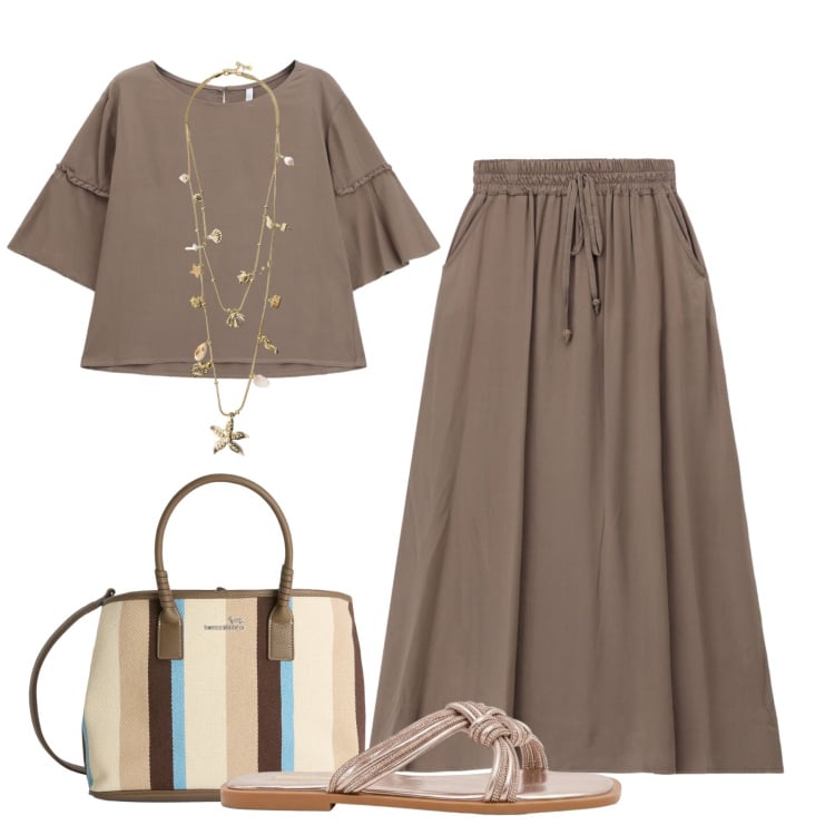 Outfit donna - Estate cittadina. Stile Minimal per Tutti i giorni. Abbinamento con shopping bag, sandali, gonne lunghe, collane, bluse.