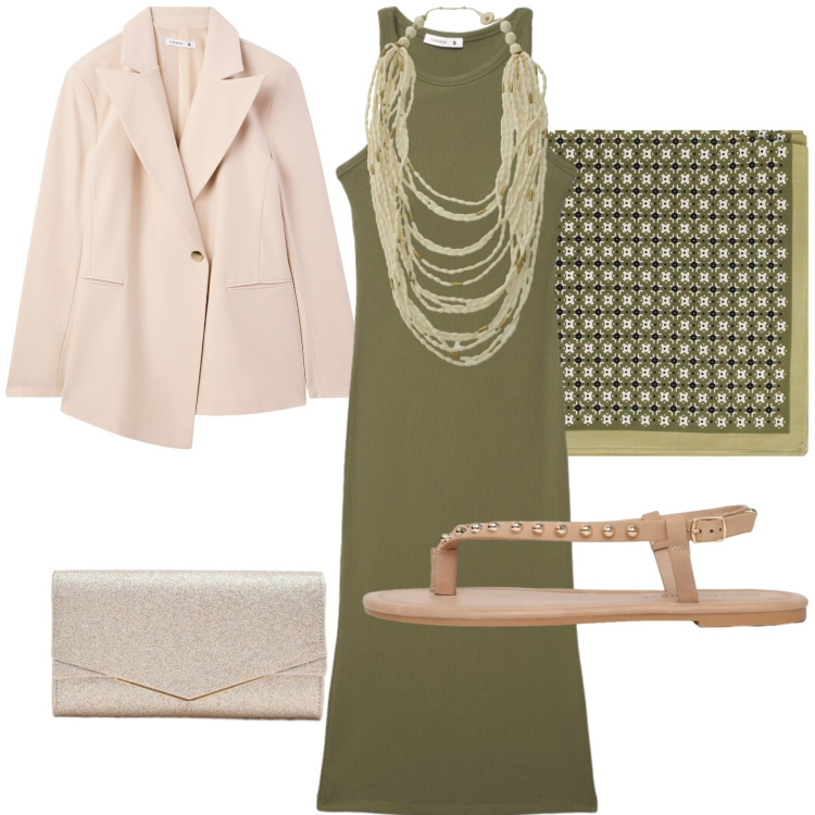 Outfit donna - Verde è chic. Stile Chic per Serata fuori. Abbinamento con vestiti midi/longuette, ciabatte, blazer, clutch, collane, foulard.