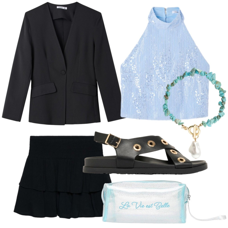 Outfit donna - Serata con le amiche. Stile Glamour per Serata fuori. Abbinamento con sandali, top, minigonne, valigie, blazer, braccialetti.