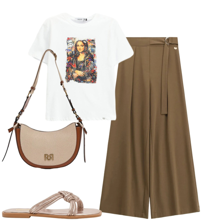 Outfit donna - Total look #2425951. Stile Casual chic per Tutti i giorni. Abbinamento con sandali, borse a tracolla, pantaloni a palazzo, t-shirt.