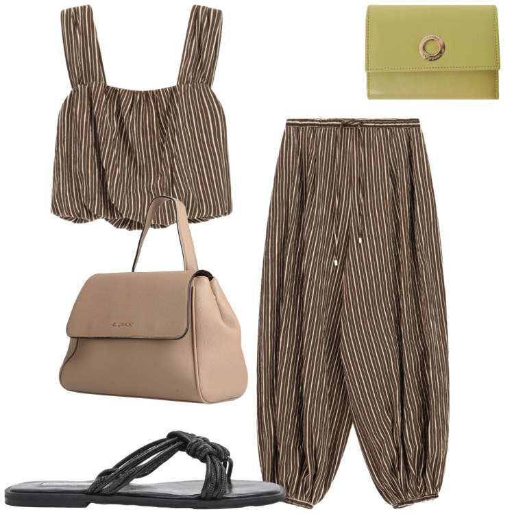 Outfit donna - Total look #2425957. Stile Casual chic per Tutti i giorni. Abbinamento con zaini, sandali, portafogli, pantaloni a palazzo, top.