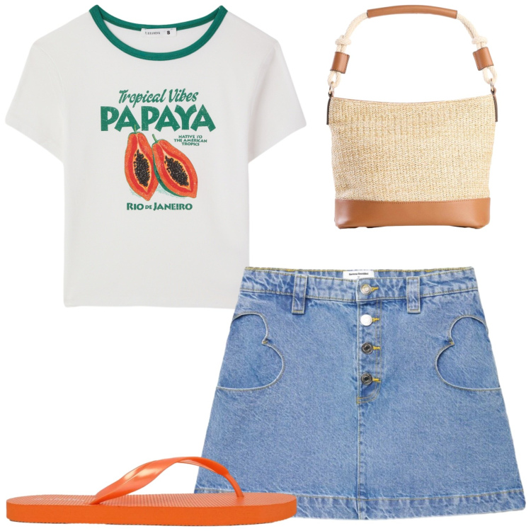 Outfit donna - Giugno. Stile Casual per Tutti i giorni. Abbinamento con borse a mano, t-shirt, minigonne, infradito.
