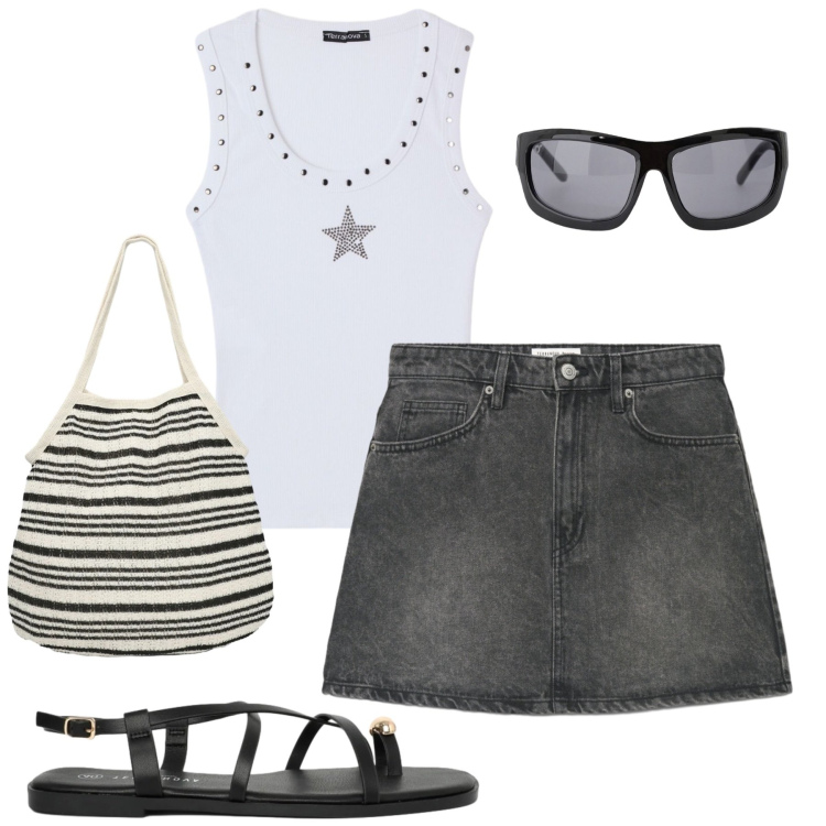 Outfit donna - Total look #2425964. Stile Casual per Tutti i giorni. Abbinamento con minigonne, shopping bag, sandali, top, occhiali da sole.