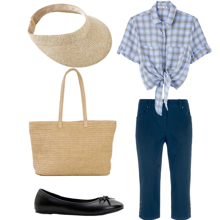 Outfit donna - Stile BB. Stile Vintage retrò per Tutti i giorni. Abbinamento con ballerine, cappelli con visiera, pantaloni capri, shopping bag, camicie a manica corta.