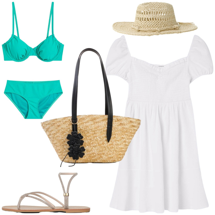 Outfit donna - Mare, l\'outfit retro\'. Stile Vintage retrò per Mare. Abbinamento con bikini, shopping bag, vestiti corti, sandali, cappelli.