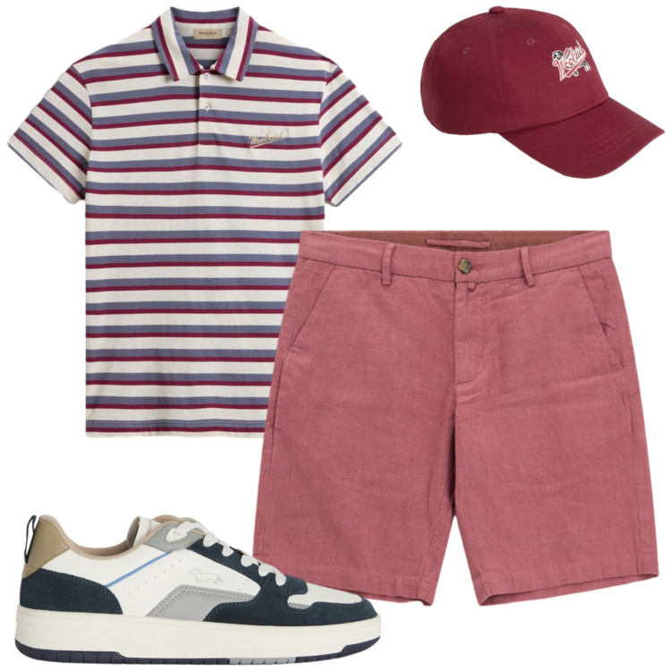 Outfit uomo - Giugno. Stile Casual per Tutti i giorni. Abbinamento con sneakers, polo, cappelli con visiera, bermuda.
