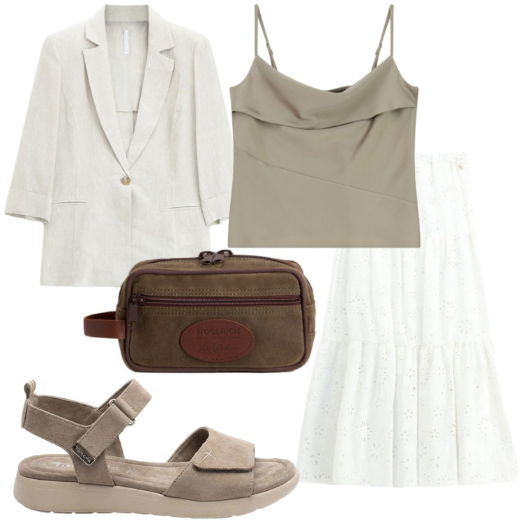 Outfit donna - Gita al lago. Stile Basic per Tutti i giorni. Abbinamento con sandali, gonne longuette, blazer, canottiere, valigie.