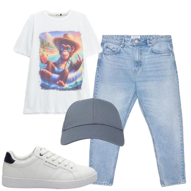 Outfit uomo - Total look #2425976. Stile Casual per Tutti i giorni. Abbinamento con sneakers, cappelli con visiera, jeans, t-shirt.