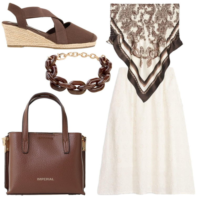 Outfit donna - Moka style. Stile Glamour per Tutti i giorni. Abbinamento con gonne longuette, braccialetti, zeppe, top, borse a tracolla.