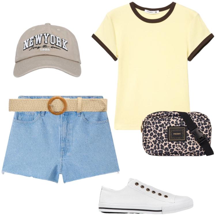 Outfit donna - Casual in estate. Stile Casual per Tutti i giorni. Abbinamento con sneakers, t-shirt, shorts, cappelli con visiera, cinture, marsupi.