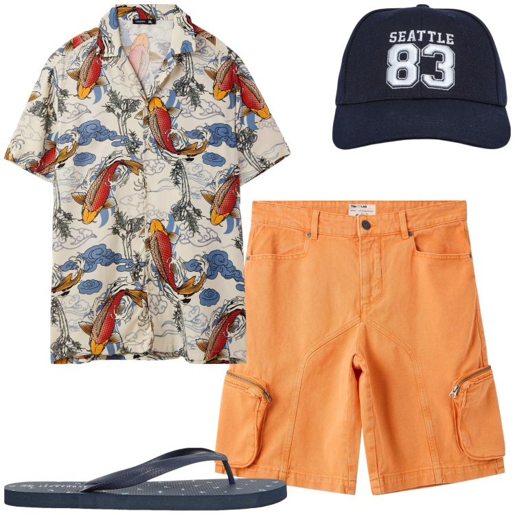 Outfit uomo - Total look #2425980. Stile Casual per Mare. Abbinamento con cappelli, pantaloni corti, camicie a manica corta, sandali.