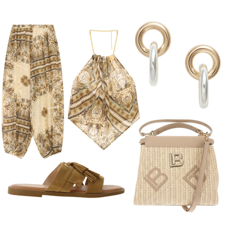 Outfit donna - Total look #2425984. Stile Boho per Ufficio. Abbinamento con pantaloni, top, sandali, orecchini, borse a tracolla.