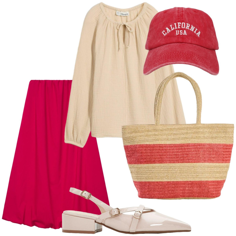 Outfit donna - Tempo di mercato. Stile Basic per Tutti i giorni. Abbinamento con bluse, shopping bag, décolleté, gonne lunghe, cappelli con visiera.