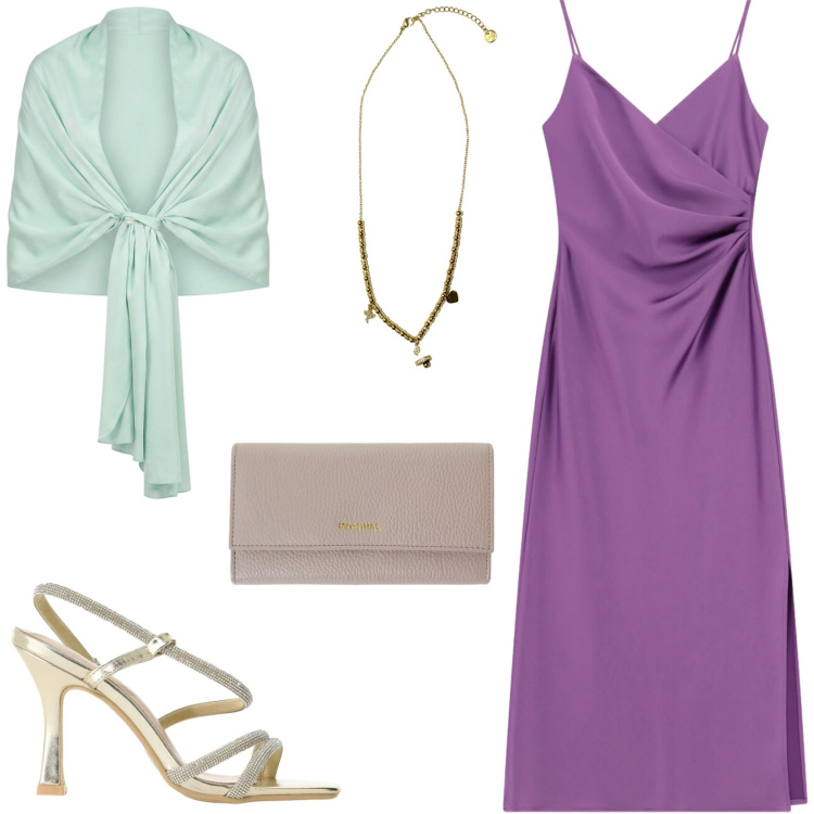 Outfit donna - Una serata fuori. Stile Glamour per Serata fuori. Abbinamento con portafogli, sandali col tacco, vestiti midi/longuette, ciondoli, stole.