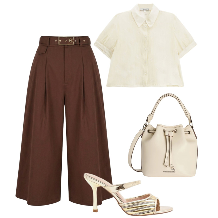 Outfit donna - Panta culotte glam. Stile Glamour per Serata fuori. Abbinamento con borse a secchiello, sabot, pantaloni capri, camicie a manica corta.