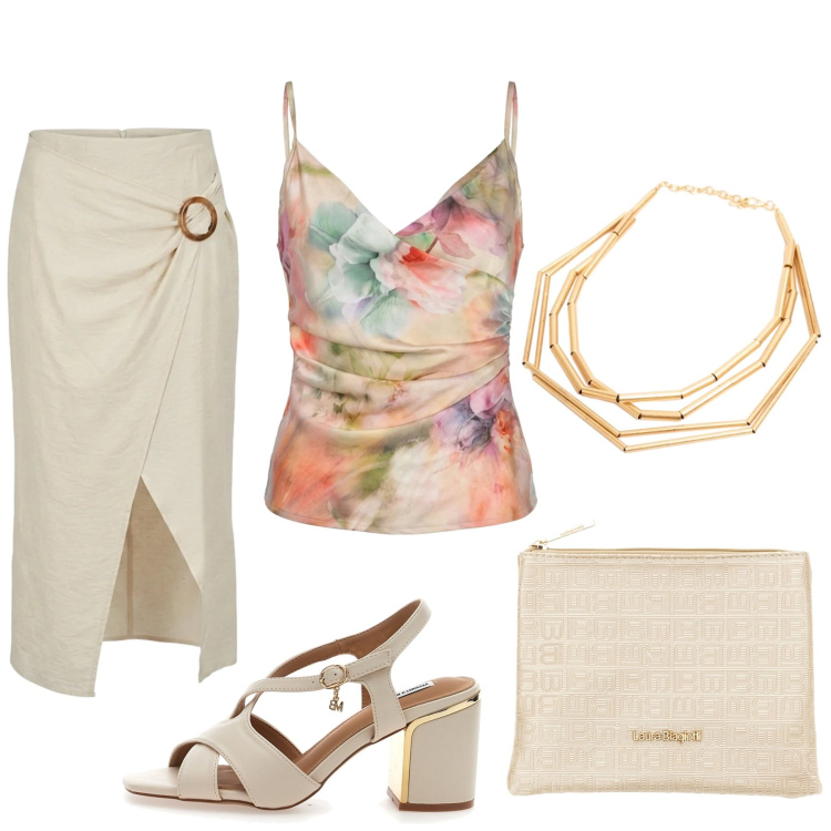 Outfit donna - Total look #2426011. Stile Chic per Serata fuori. Abbinamento con gonne longuette, canottiere, collane, sandali col tacco, pochette.