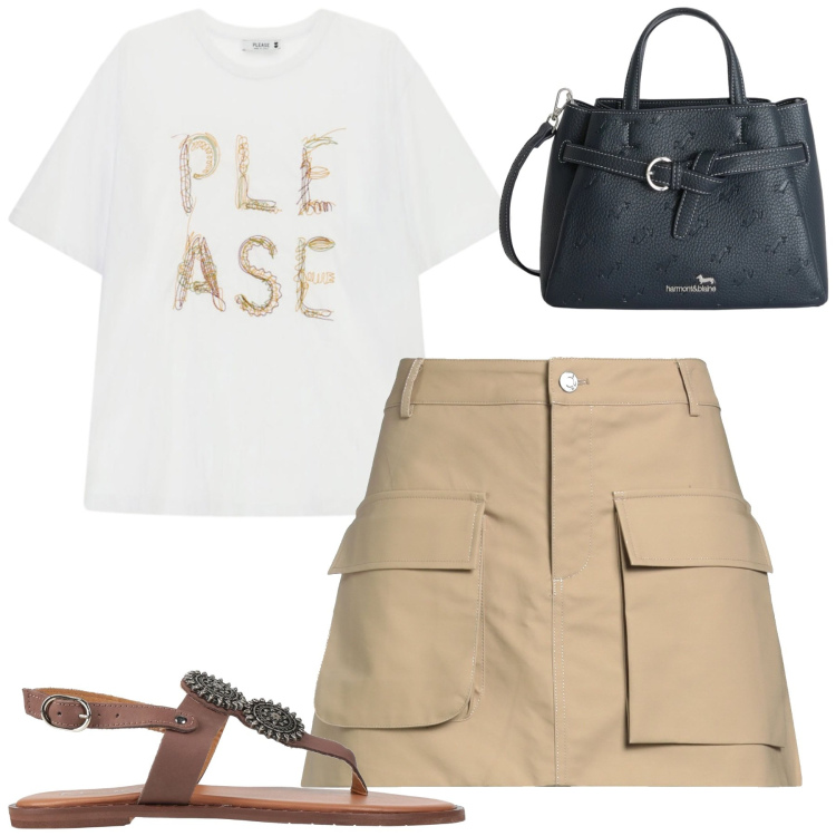 Outfit donna - City. Stile Casual chic per Tutti i giorni. Abbinamento con minigonne, infradito, t-shirt, borse a mano.