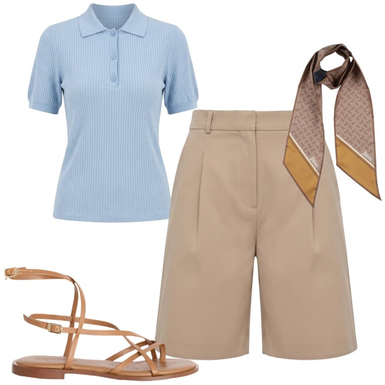 Outfit donna - City. Stile Casual chic per Tutti i giorni. Abbinamento con sciarpe, sandali in pelle, bermuda, polo.
