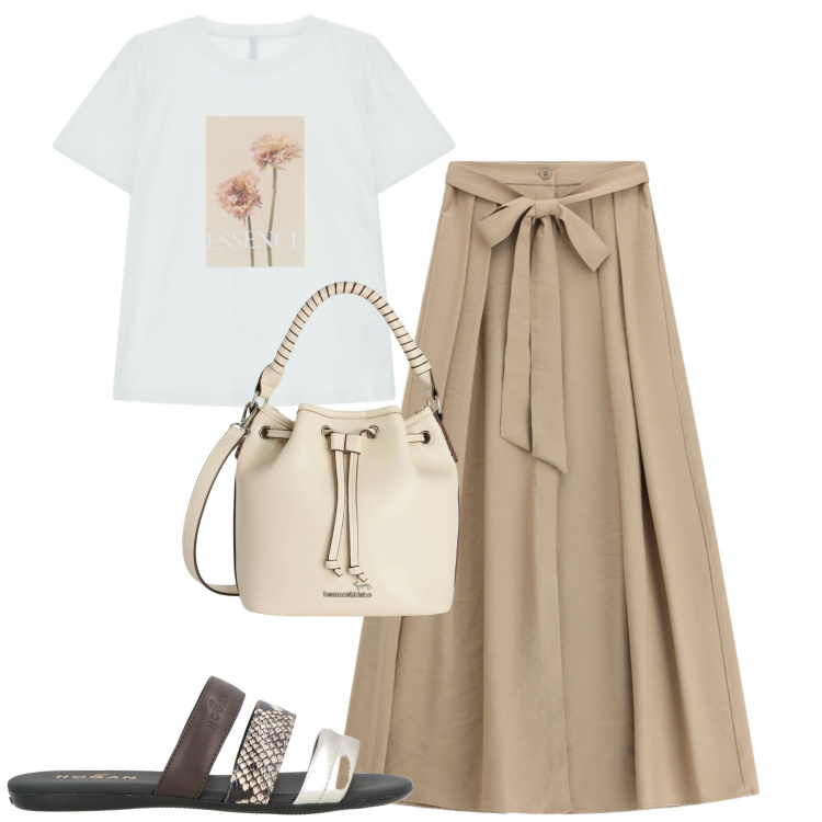 Outfit donna - City. Stile Casual chic per Tutti i giorni. Abbinamento con sandali in pelle, borse a secchiello, gonne lunghe, t-shirt.