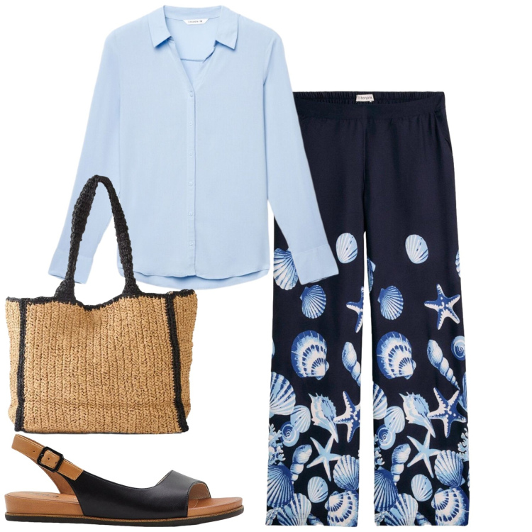 Outfit donna - Conchiglie e stelle. Stile Casual chic per Tutti i giorni. Abbinamento con pantaloni a palazzo, sandali, shopping bag, camicie.