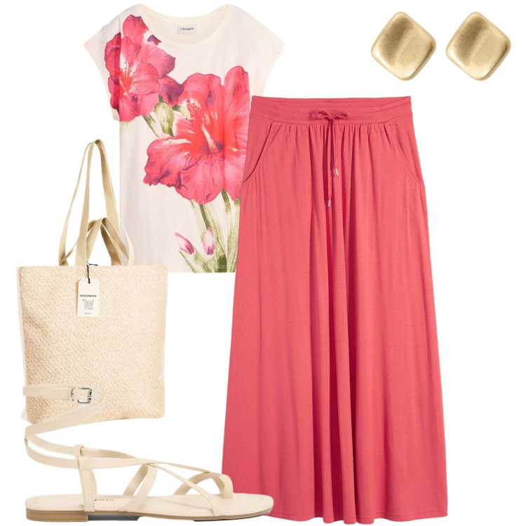 Outfit donna - Sand and pink. Stile Casual chic per Tutti i giorni. Abbinamento con gonne, sandali, t-shirt, borse tote, orecchini.