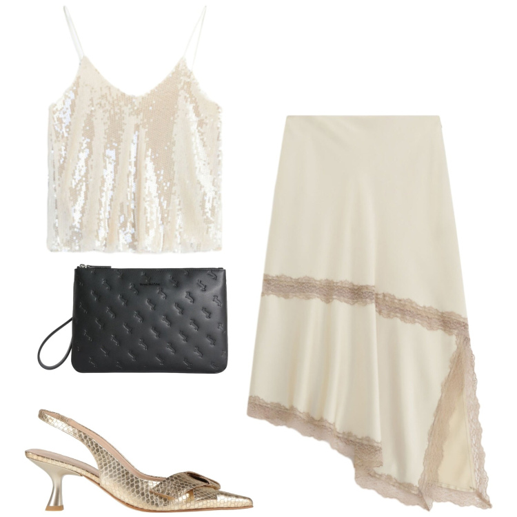 Outfit donna - Serata. Stile Chic per Serata fuori. Abbinamento con décolleté, anelli, top, gonne longuette.