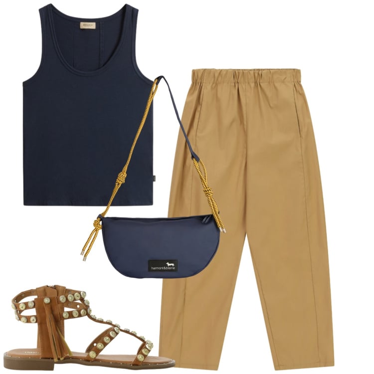 Outfit donna - City. Stile Casual chic per Tutti i giorni. Abbinamento con borse a tracolla, canottiere, pantaloni, sandali.