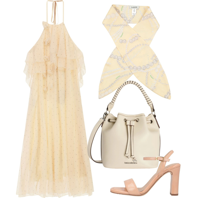 Outfit donna - Champagne. Stile Chic per Cerimonia. Abbinamento con sciarpe, sandali in pelle, borse a secchiello, vestiti lunghi.
