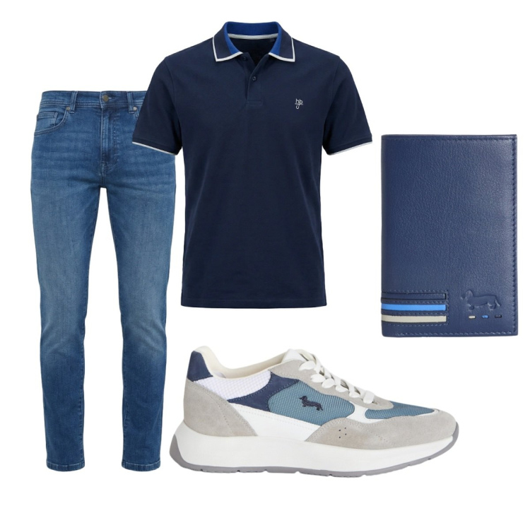 Outfit uomo - Total look #2426033. Stile Casual per Tutti i giorni. Abbinamento con sneakers, portafogli, jeans slim fit, polo.