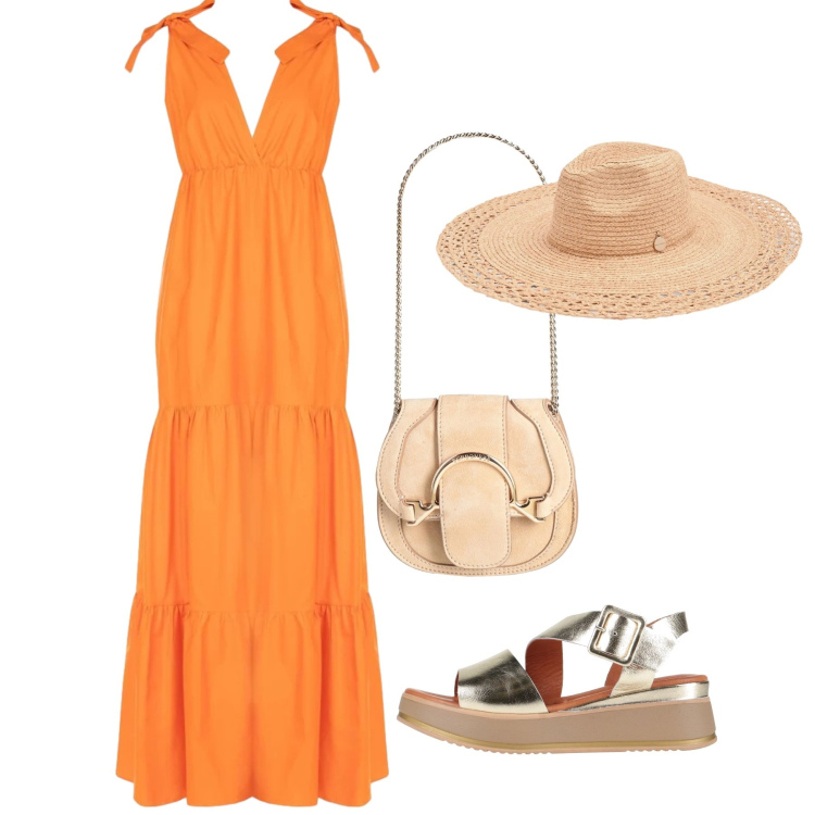 Outfit donna - Tramonto. Stile Romantica per Tutti i giorni. Abbinamento con marsupi, sandali in pelle, cappelli, vestiti lunghi.
