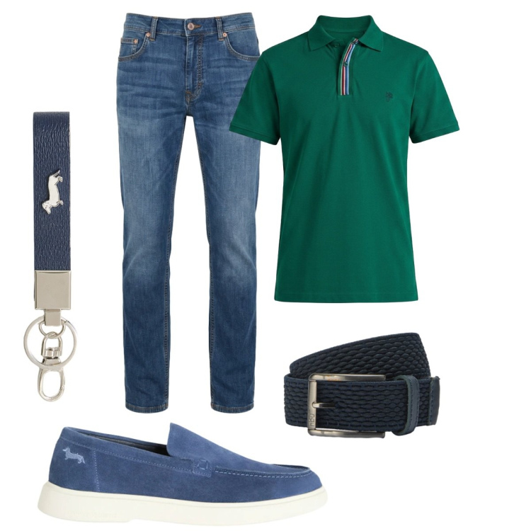 Outfit uomo - Total look #2426038. Stile Trendy per Tutti i giorni. Abbinamento con jeans, cinture, polo, portachiavi, scarpe stringate.