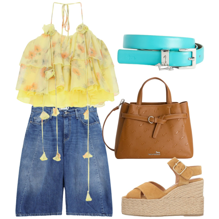 Outfit donna - Mediterranea. Stile Casual chic per Tutti i giorni. Abbinamento con espadrillas, borse a mano, cinture, top, bermuda.