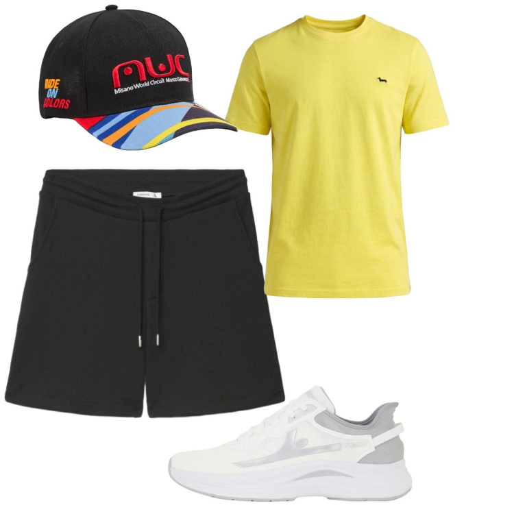 Outfit uomo - Total look #2426040. Stile Trendy per Sport. Abbinamento con t-shirt, cappelli con visiera, bermuda, sneakers.